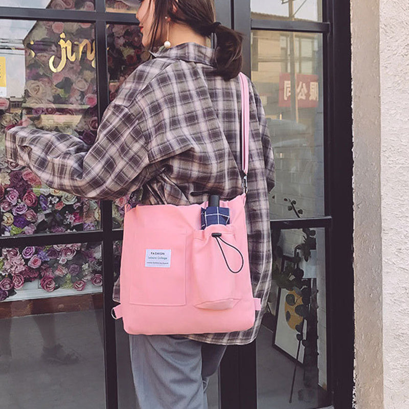 Harajuku Canvas Backpack for Women – Korean Style Tote Shoulder Bag with Pockets, Preppy Student Schoolbag