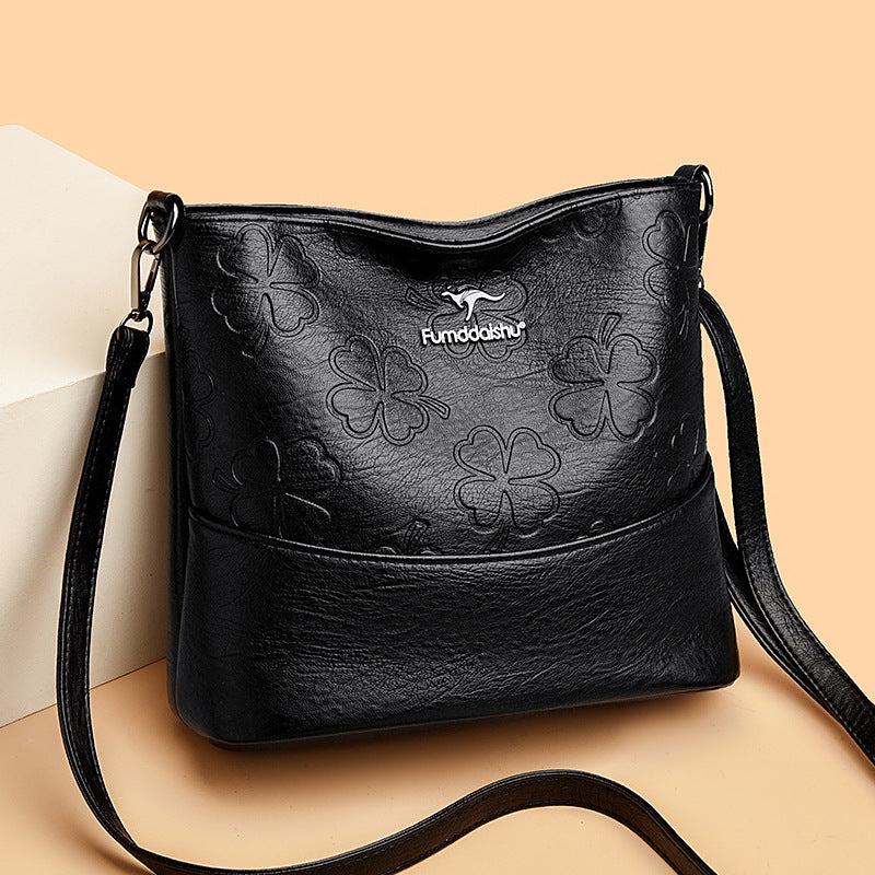 Soft Leather Bucket Bag for Women – Embossed Floral Large Capacity PU Shoulder Handbag