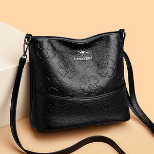Soft Leather Bucket Bag for Women – Embossed Floral Large Capacity PU Shoulder Handbag