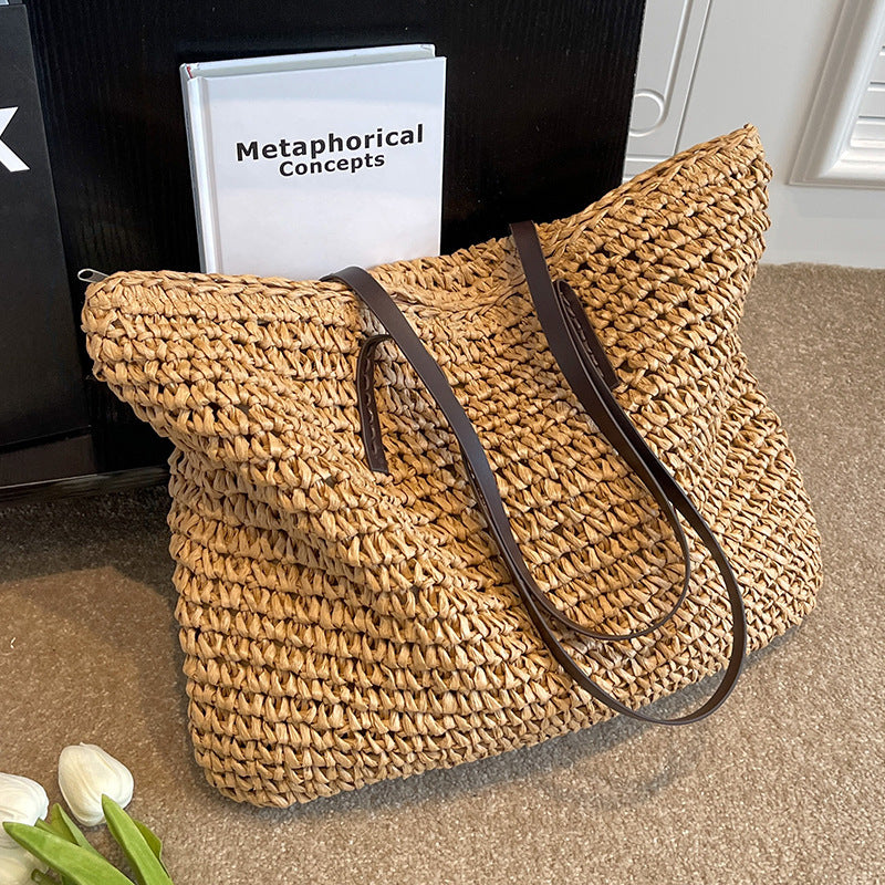 Women’s Summer Woven Shoulder Bag – Large Capacity Beach Tote Handbag with Zipper, Fashion Casual Straw Style