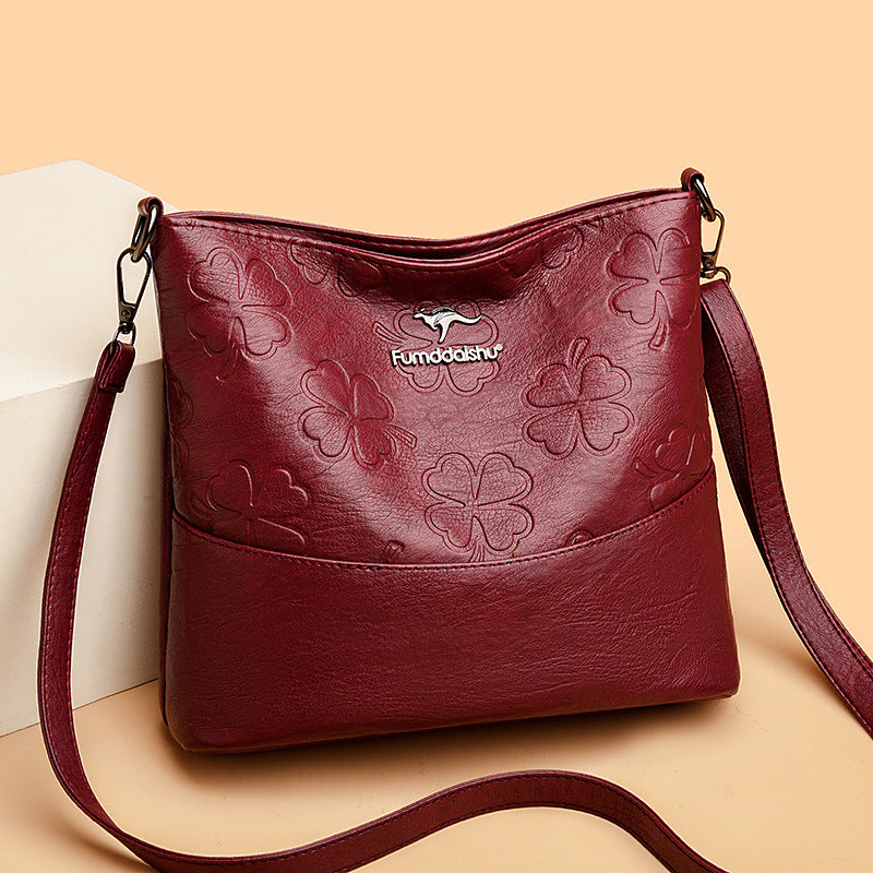 Soft Leather Bucket Bag for Women – Embossed Floral Large Capacity PU Shoulder Handbag