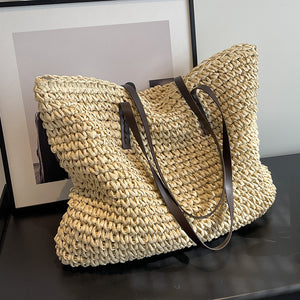 Women’s Summer Woven Shoulder Bag – Large Capacity Beach Tote Handbag with Zipper, Fashion Casual Straw Style