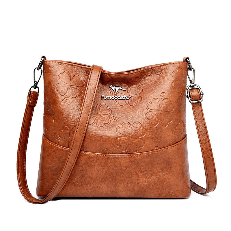 Soft Leather Bucket Bag for Women – Embossed Floral Large Capacity PU Shoulder Handbag